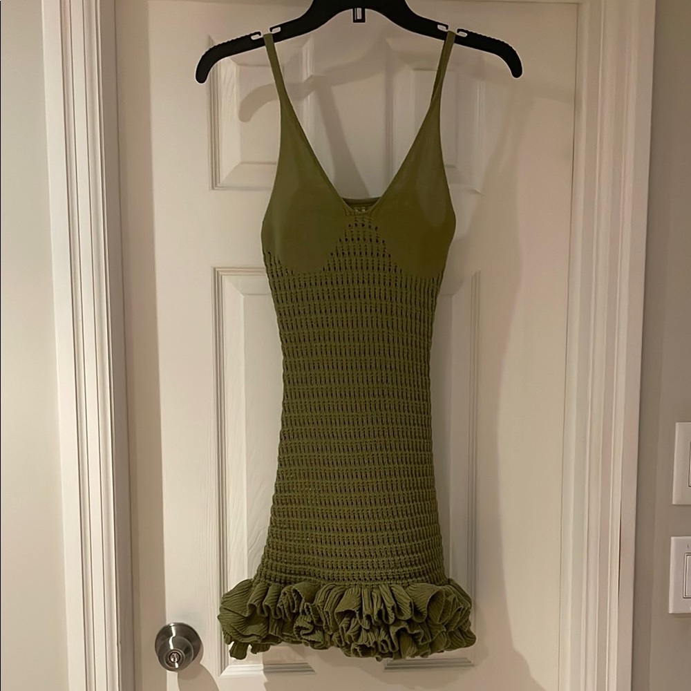 Olive Green Knit Dress With Ruffle